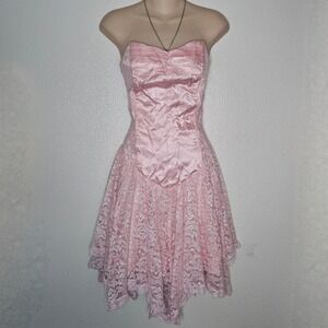 Vintage Pretty Pink Lace Satin Strapless Handkerchief Hem Dress